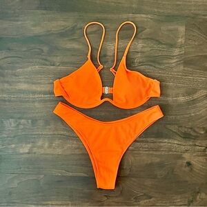SHEIN Two Piece Bathing Suit Solid Bright Orange Bikini Adjustable Straps Size M